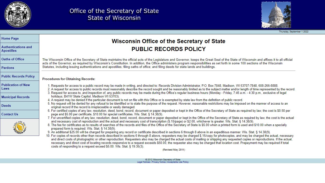 Public Records Policy - Office of The Secretary of State, Wisconsin
